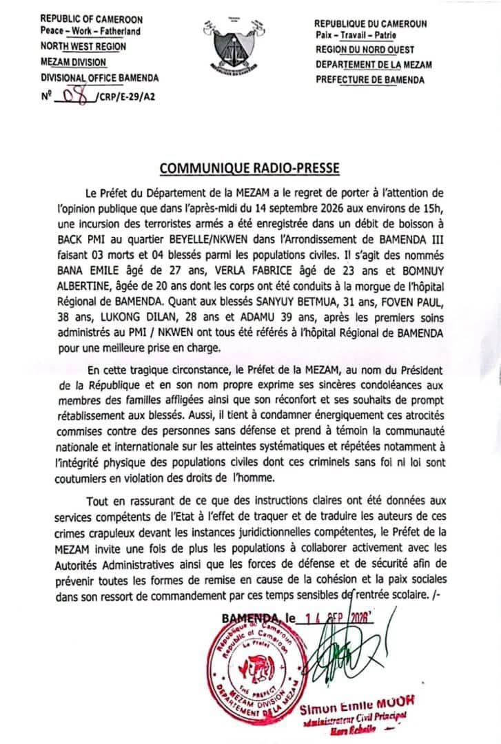 Bamenda : trois morts et quatre blessés dans une attaque armée à Nkwen