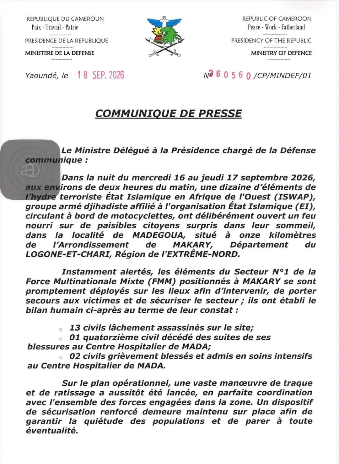 Extrême-Nord : 14 civils tués à Madegoua, neuf combattants de Boko Haram neutralisés lors d’une opération transfrontalière